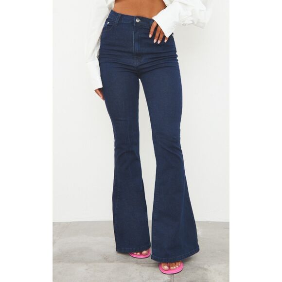 PrettyLittleThing Jeans Womens 6 Indigo Blue Flare Stretch Denim 70s Festival - Picture 1 of 12